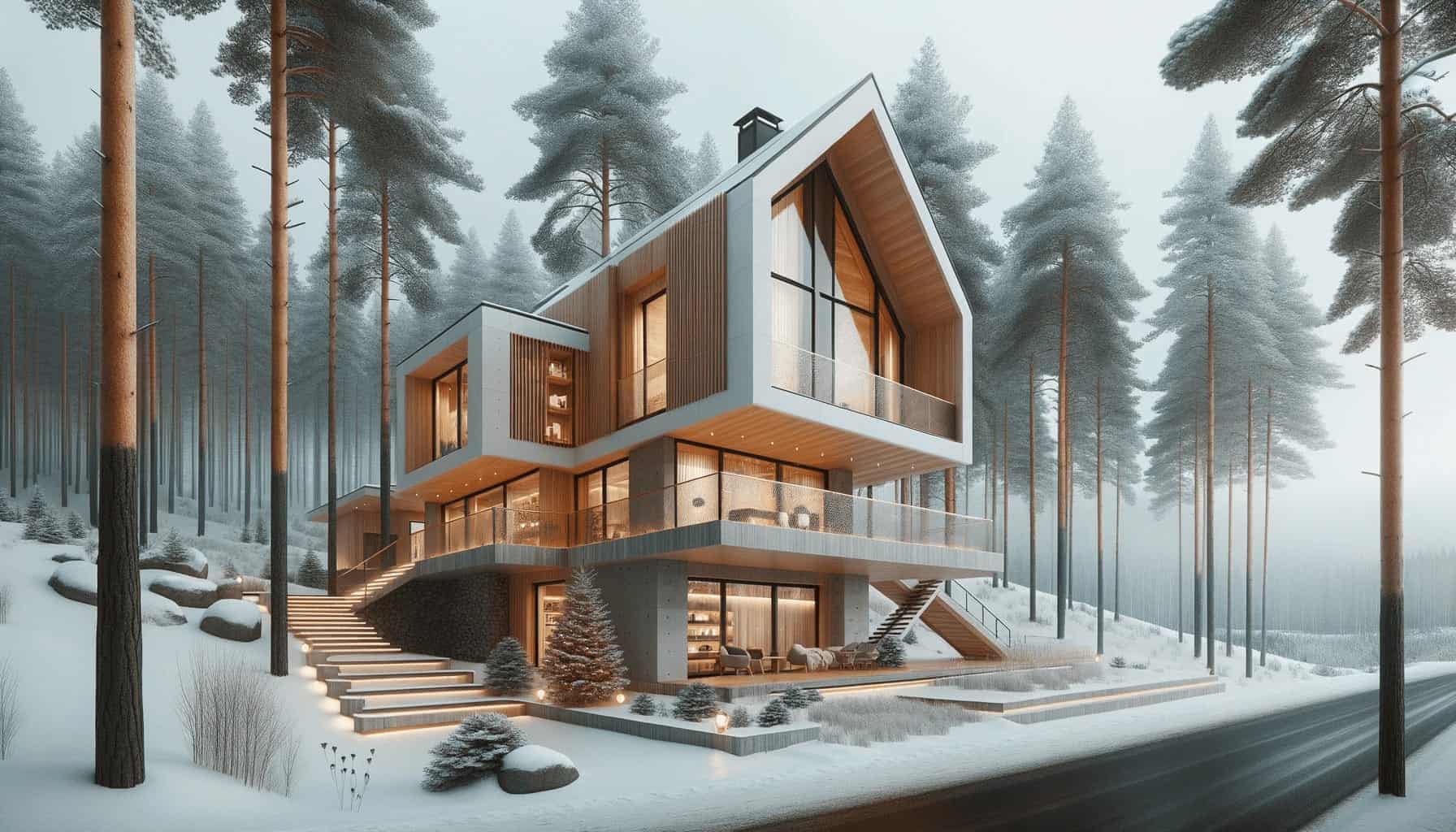 DALL·E 2023 10 19 09.12.13 Photo of a beautifully designed modern cabin house in a snowy landscape. The cabin has a unique geometric structure and is surrounded by pine trees DALL·E 2023 10 19 09.12.13 Photo of a beautifully designed modern cabin house in a snowy landscape. The cabin has a unique geometric structure and is surrounded by pine trees