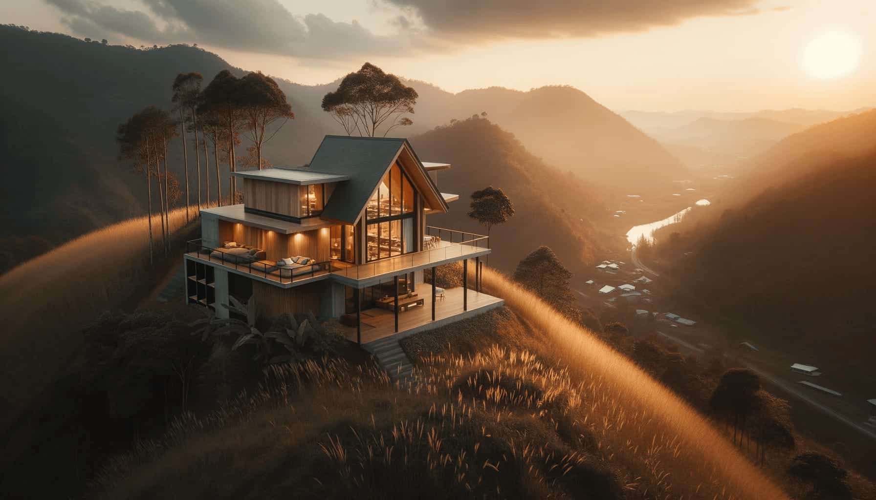 DALL·E 2023 10 19 09.12.17 Photo of a modern cabin house on a hilltop overlooking a valley. The cabin is illuminated by the golden hour light highlighting its architectural be DALL·E 2023 10 19 09.12.17 Photo of a modern cabin house on a hilltop overlooking a valley. The cabin is illuminated by the golden hour light highlighting its architectural be